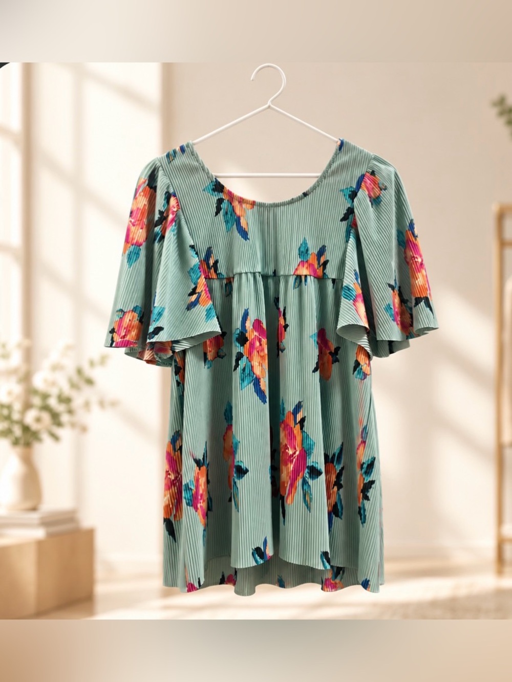 Lapis Mint Green Floral Flutter-Sleeve Blouse